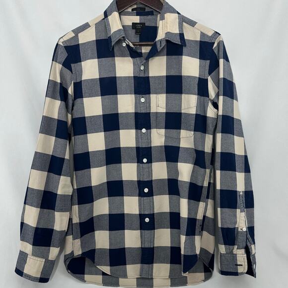 J. Crew Button Up Oxford Shirt Mens Small Slim Fit Blue Tan Buffalo Plaid Rustic - Picture 1 of 5